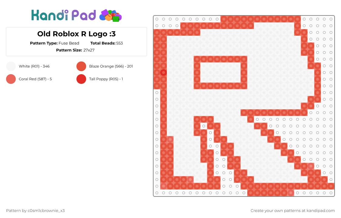 Old Roblox R Logo :3 - Fuse Bead Pattern by c0sm1cbrownie_x3 on Kandi Pad - red,white