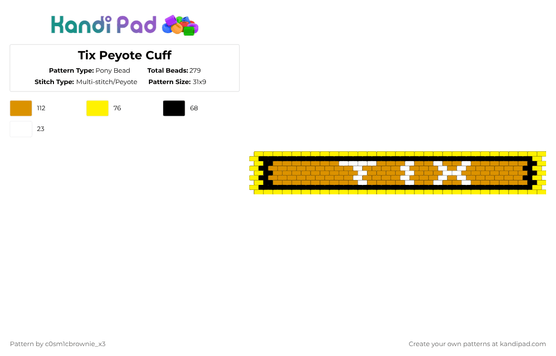 Tix Peyote Cuff - Pony Bead Pattern by c0sm1cbrownie_x3 on Kandi Pad - yellow,orange