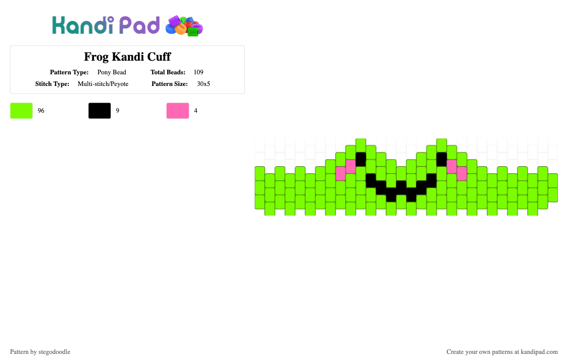 Frog Kandi Cuff - Pony Bead Pattern by stegodoodle on Kandi Pad - green,frog,frogcuff,kawaii,cute,cutefrog,frogkandi