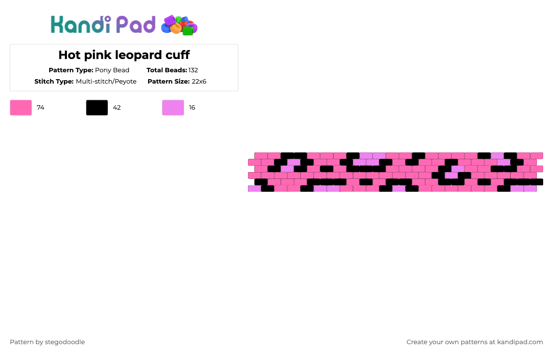 Hot pink leopard cuff - Pony Bead Pattern by stegodoodle on Kandi Pad - black,pink