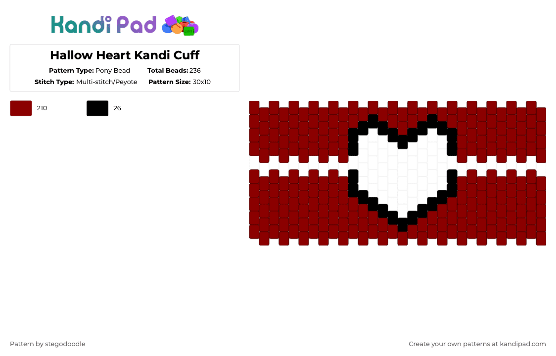 Hallow Heart Kandi Cuff - Pony Bead Pattern by stegodoodle on Kandi Pad - red,hallowheart,hallowheartkandicuff,heartkandicuff
