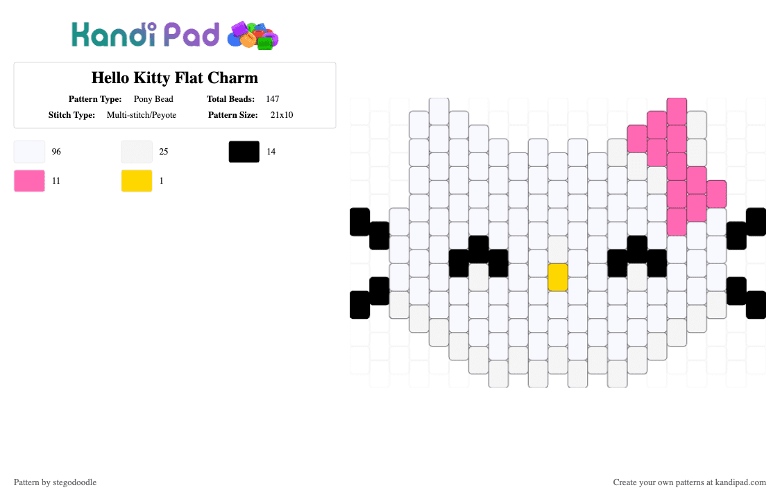 Hello Kitty Flat Charm - Pony Bead Pattern by stegodoodle on Kandi Pad - white,pink,hellokitty,sanrio,hellokittykandicharm
