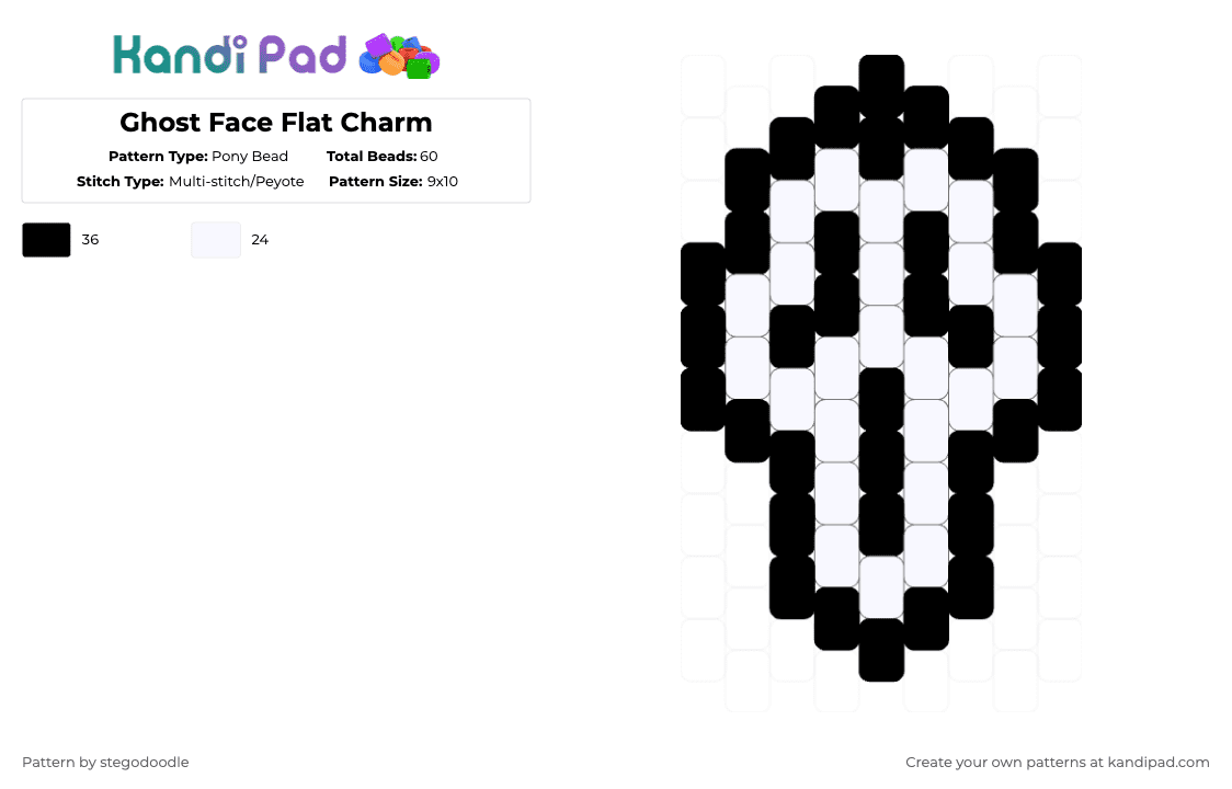 Ghost Face Flat Charm - Pony Bead Pattern by stegodoodle on Kandi Pad - black,white,ghostface,scream