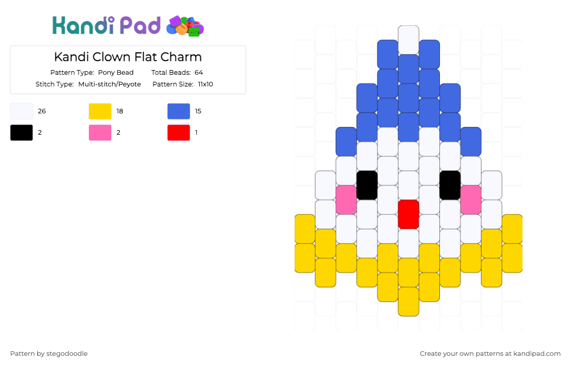 Kandi Clown Flat Charm - Pony Bead Pattern by stegodoodle on Kandi Pad - blue,yellow,kandiclown,clownkandi,clownflatchgarm,clowncharm,clown
