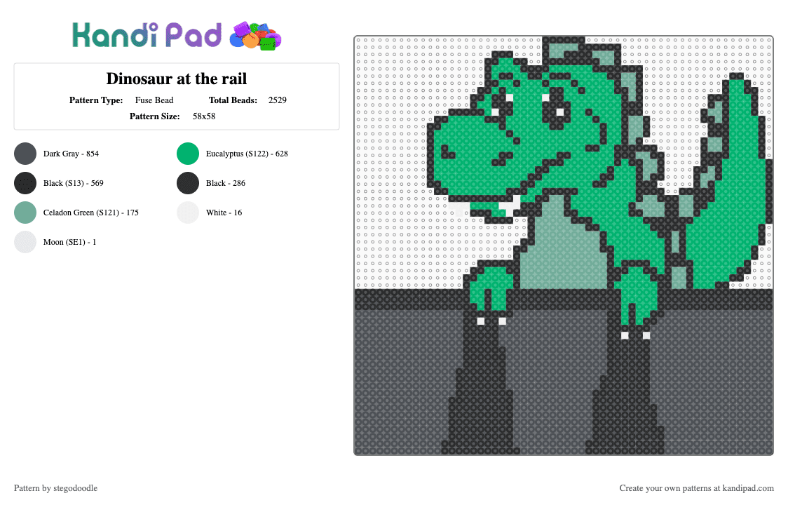 Dinosaur at the rail - Fuse Bead Pattern by stegodoodle on Kandi Pad - dubstep,edm,music,headbang,green,gray,dinosuar,rail,lostlands