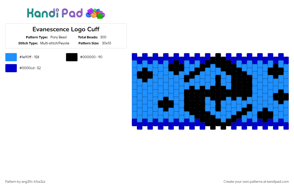 Evanescence Logo Cuff - Pony Bead Pattern by ang3l1c-k1ss3zz on Kandi Pad - 2003, amylee, blueandblack, cutecuffs, evanescence, fallen2003, fallenevanescence, light blue, musiclover