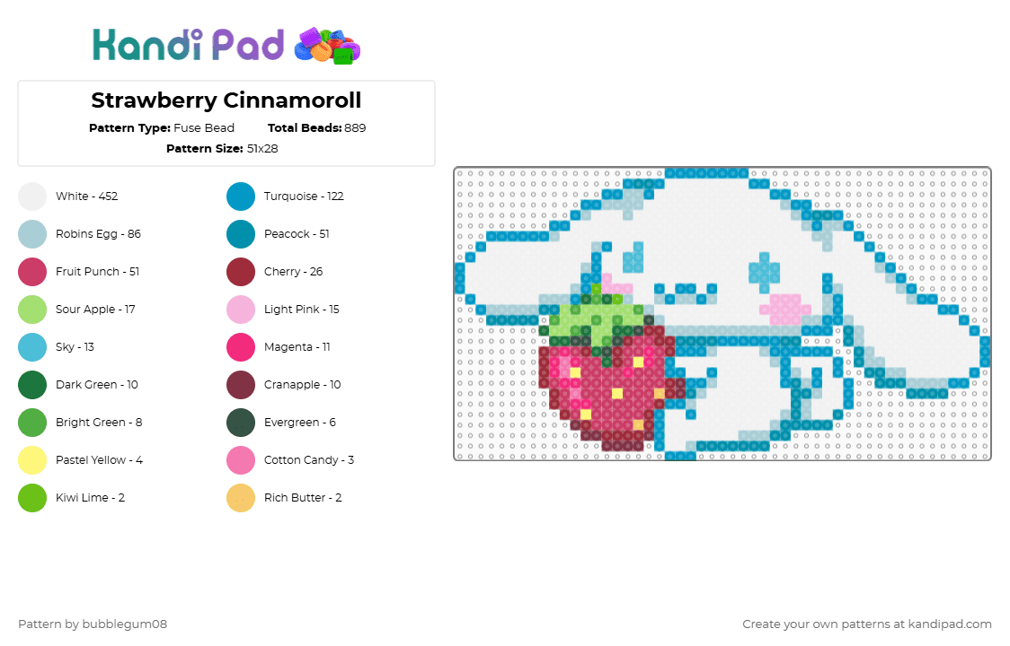 Strawberry Cinnamoroll - Fuse Bead Pattern by bubblegum08 on Kandi Pad - white,light blue,teal,pink,cinnamoroll,strawberry