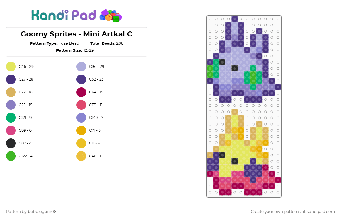 Goomy Sprites - Mini Artkal C - Fuse Bead Pattern by bubblegum08 on Kandi Pad - pink,purple,yellow