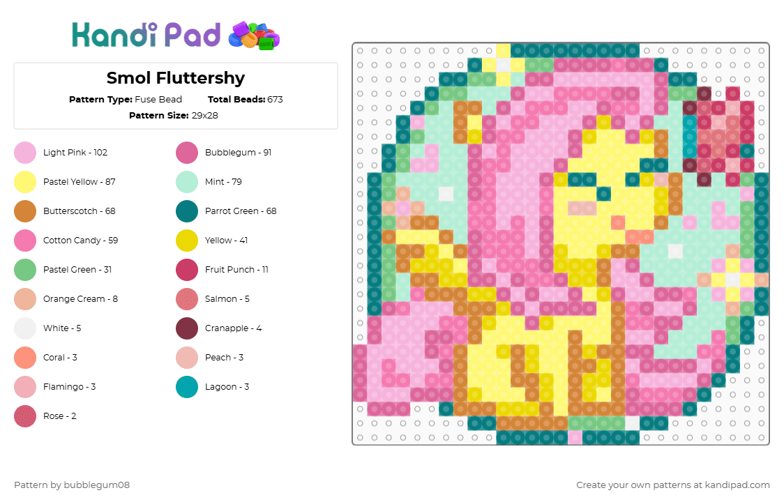 Smol Fluttershy - Fuse Bead Pattern by bubblegum08 on Kandi Pad - pink,teal,yellow,light blue,fluttershy,pastel,mlp,small