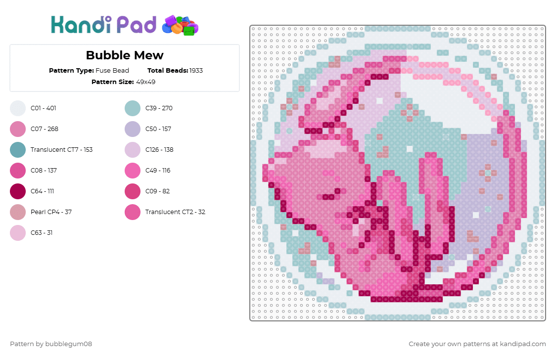 Bubble Mew - Fuse Bead Pattern by bubblegum08 on Kandi Pad - pink,mew,pokemon,bubble