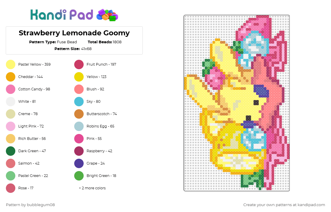 Strawberry Lemonade Goomy - Fuse Bead Pattern by bubblegum08 on Kandi Pad - orange,pink,yellow,goomy,shiny,pokemon,strawberry,lemonade,lemon