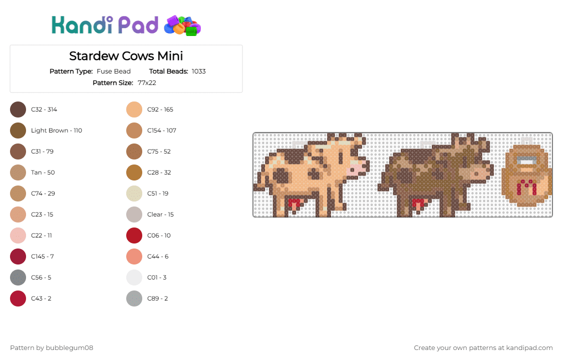 Stardew Cows Mini - Fuse Bead Pattern by bubblegum08 on Kandi Pad - brown,beige,tan