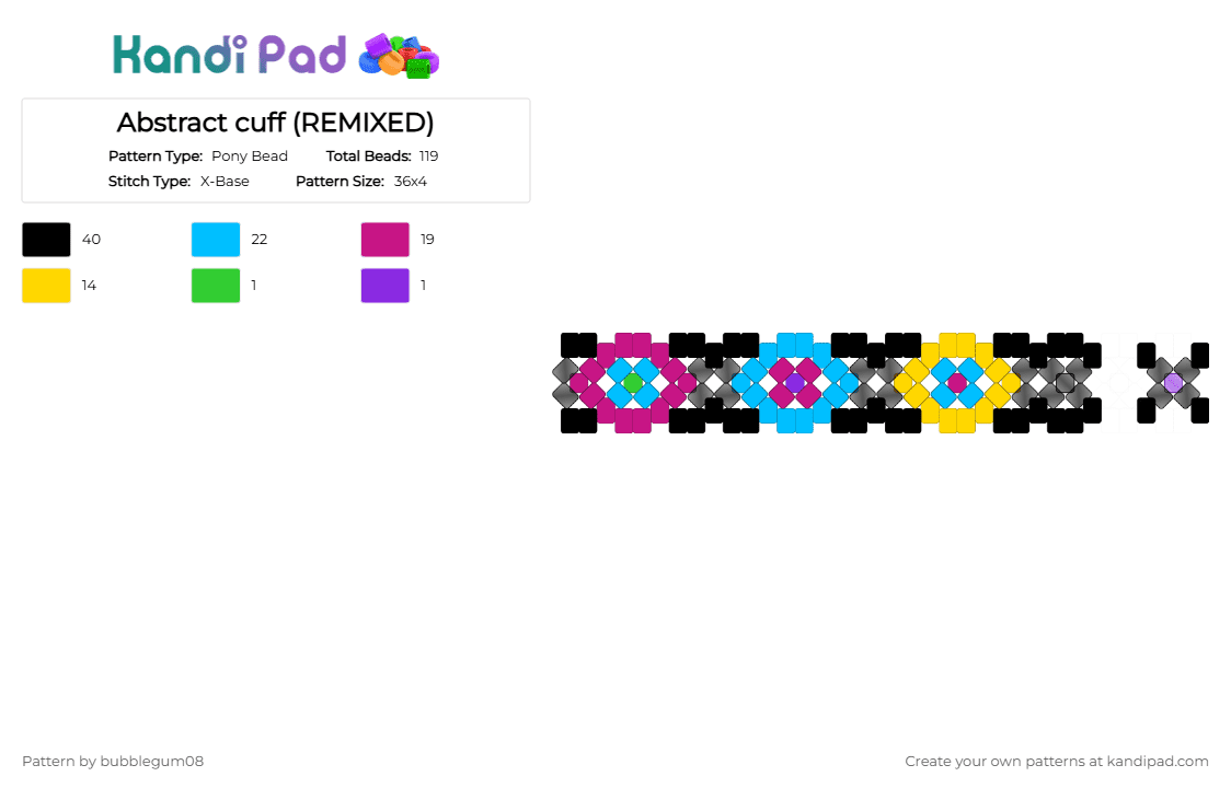Abstract cuff (REMIXED) - Pony Bead Pattern by bubblegum08 on Kandi Pad - black,pink,light blue,yellow