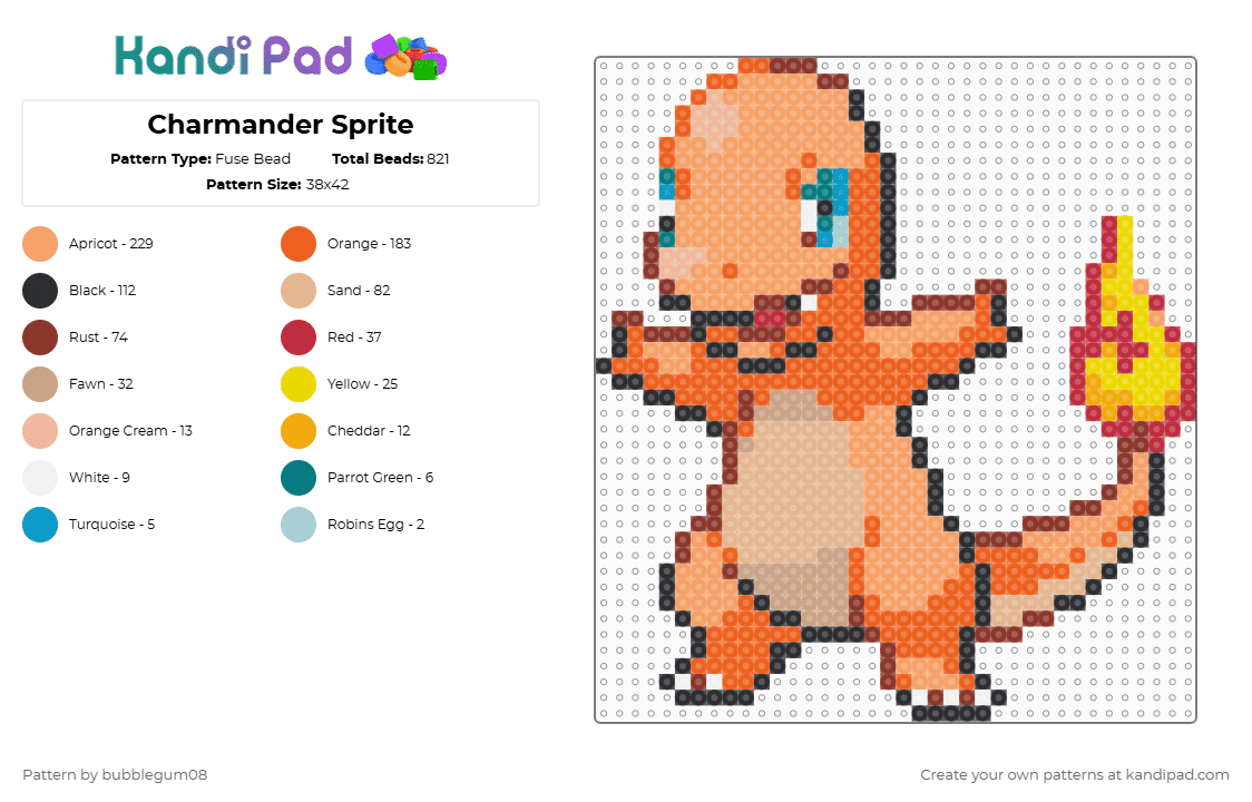 Charmander Sprite - Fuse Bead Pattern by bubblegum08 on Kandi Pad - beige, orange, red