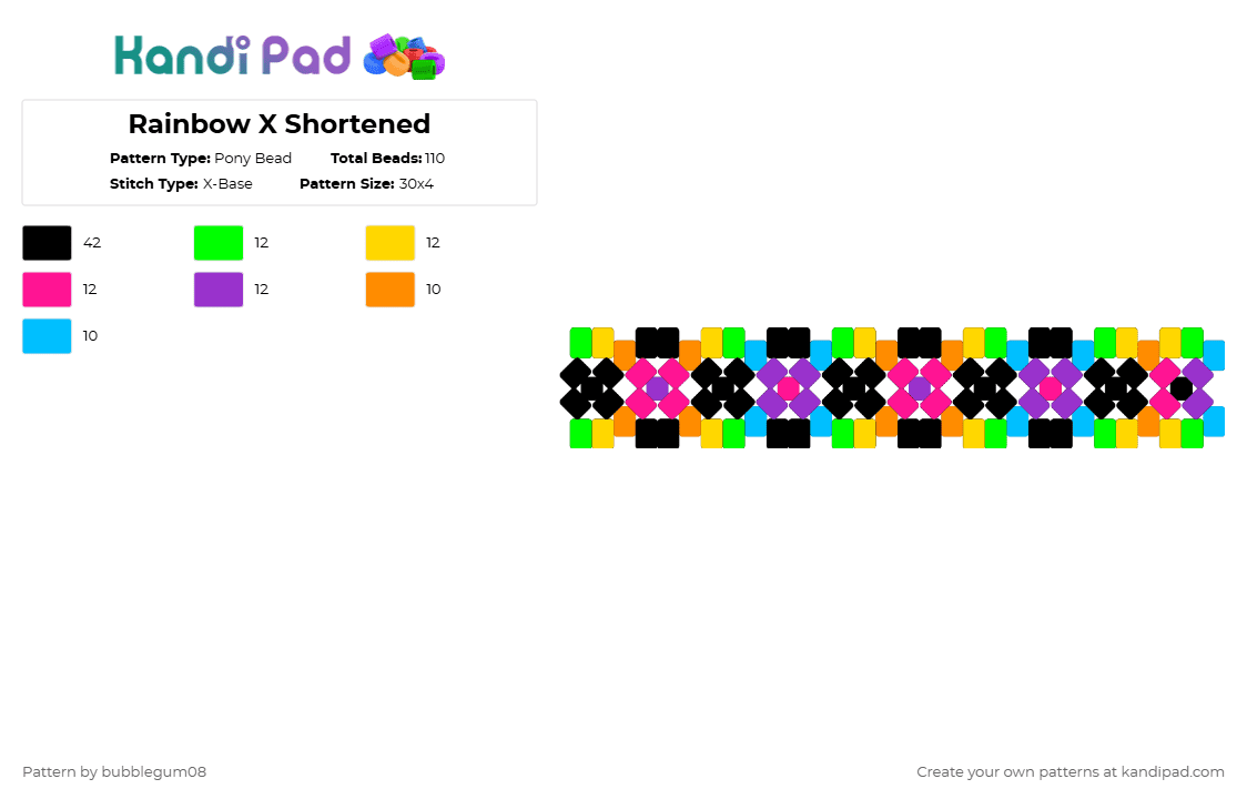 Rainbow X Shortened - hiiamhere remix - Pony Bead Pattern by bubblegum08 on Kandi Pad - green,yellow,pink,purple