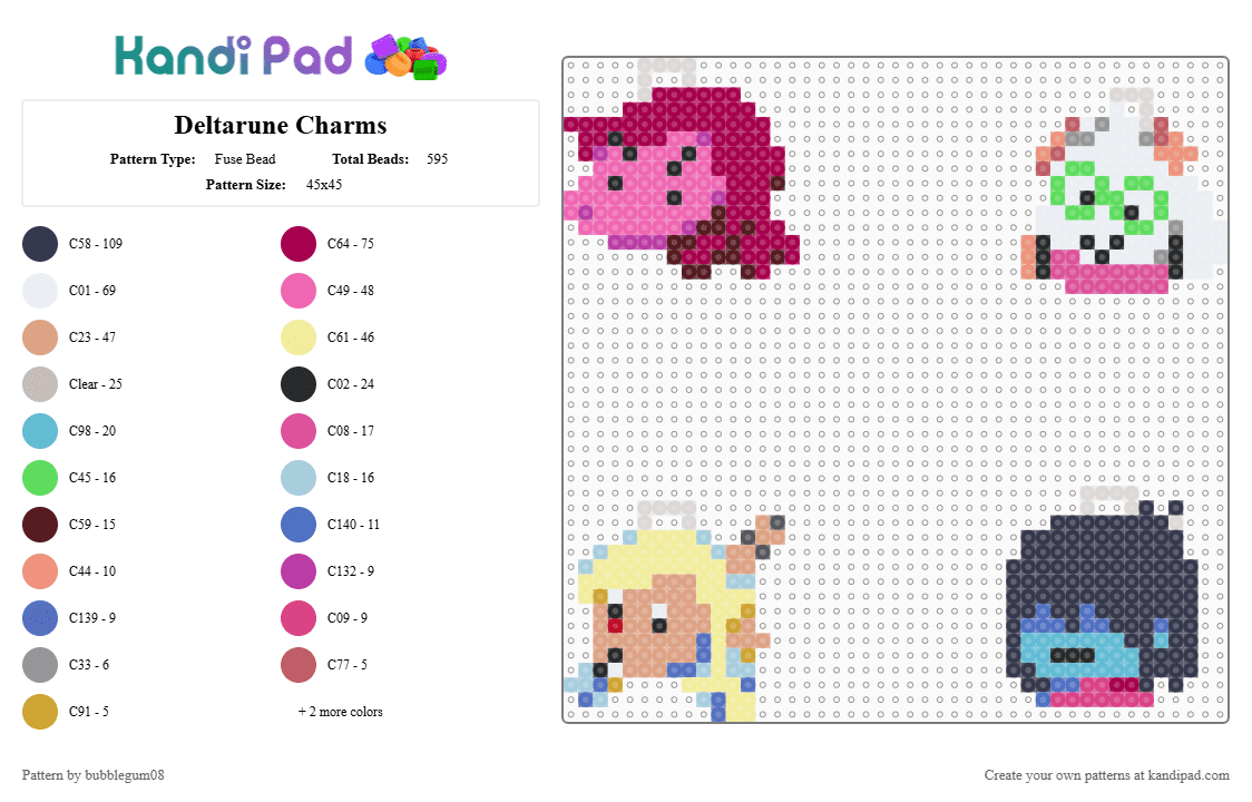 Deltarune Charms - Fuse Bead Pattern by bubblegum08 on Kandi Pad - pink,yellow,beige,purple