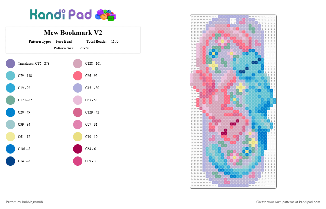 Mew Bookmark V2 - Fuse Bead Pattern by bubblegum08 on Kandi Pad - gray, light blue, mew, pink, pokemon