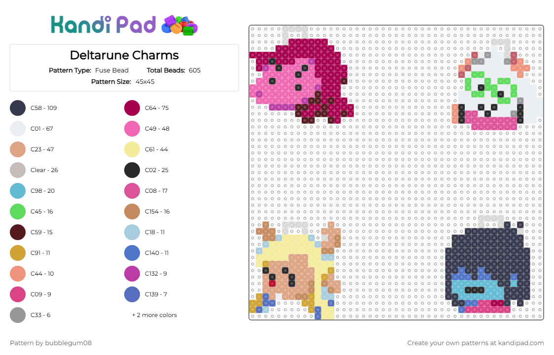 Deltarune Charms - Fuse Bead Pattern by bubblegum08 on Kandi Pad - pink,yellow,beige,purple