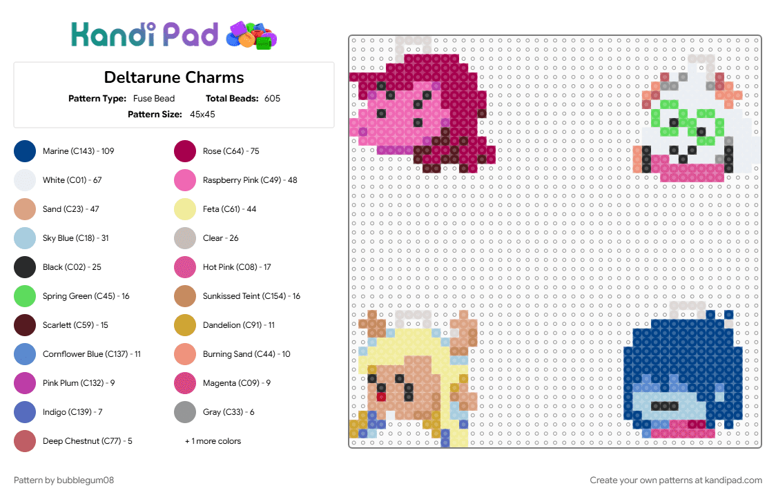Deltarune Charms - Fuse Bead Pattern by bubblegum08 on Kandi Pad - beige, pink, purple, yellow