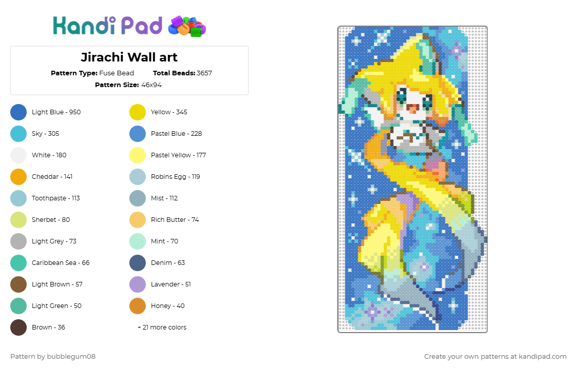 Jirachi Wall art - Fuse Bead Pattern by bubblegum08 on Kandi Pad - yellow,orange,light blue,blue,jirachi,pokemon,starry