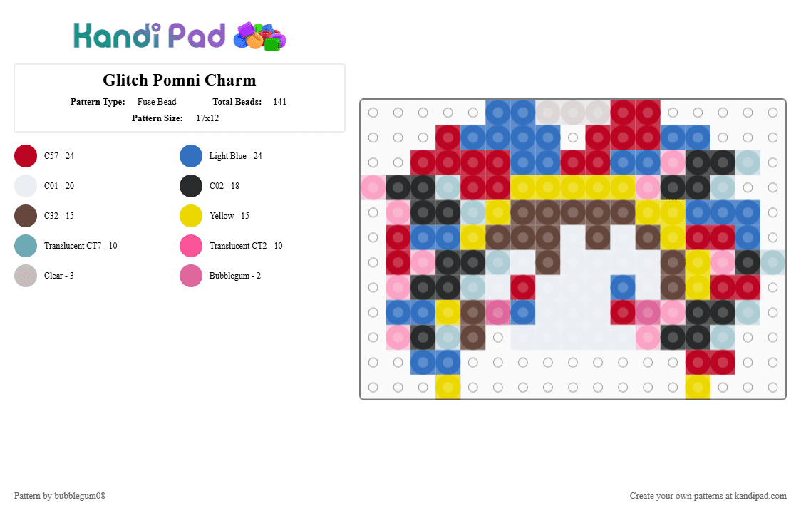 Glitch Pomni Charm - Fuse Bead Pattern by bubblegum08 on Kandi Pad - blue, brown, red, yellow