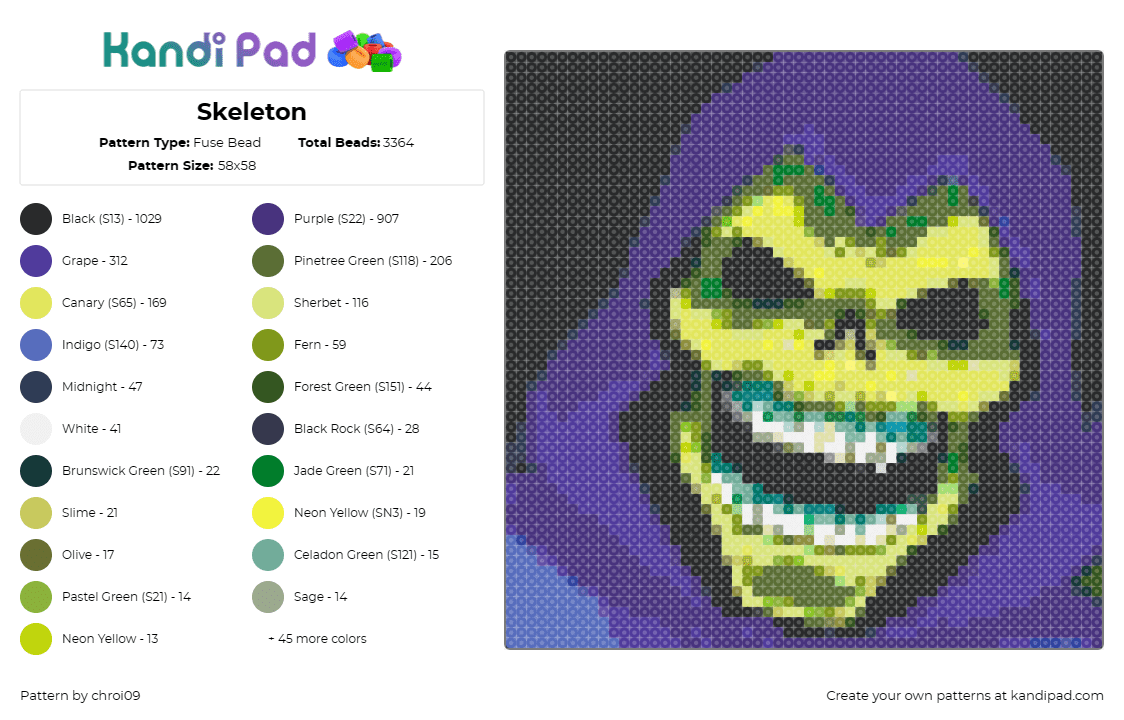 Skeleton - Fuse Bead Pattern by chroi09 on Kandi Pad - skeletor,he-man,animation,grinning,skeletal,fantasy,nostalgia,purple,yellow