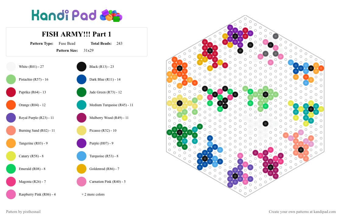 FISH ARMY!!! Part 1 - Fuse Bead Pattern by pixthesnail on Kandi Pad - army, colorful, conquer, fih, fish, goldfish, purple, teal, yellow