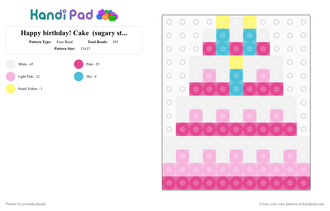 Happy birthday! Cake  (sugary strawberry flavour) - Fuse Bead Pattern by pixmakeskandi on Kandi Pad - pink,cake,fun,bday,charm