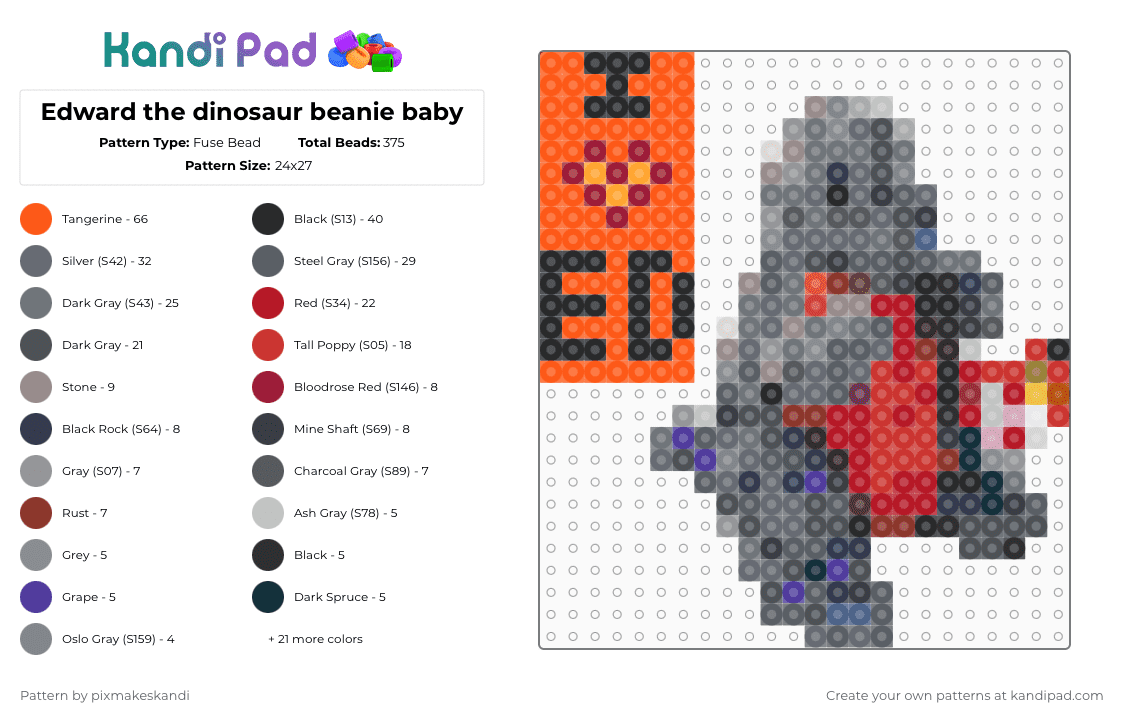 Edward the dinosaur beanie baby - Fuse Bead Pattern by pixthesnail on Kandi Pad - beanie babies,dinosaur,edward,teddy,i love ed,plur