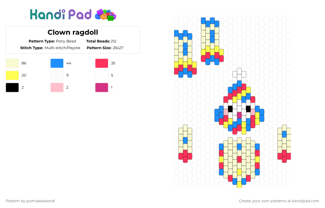 Clown ragdoll - Pony Bead Pattern by pixmakeskandi on Kandi Pad - white,red,light blue,clown,doll,2d,cute,cardboard