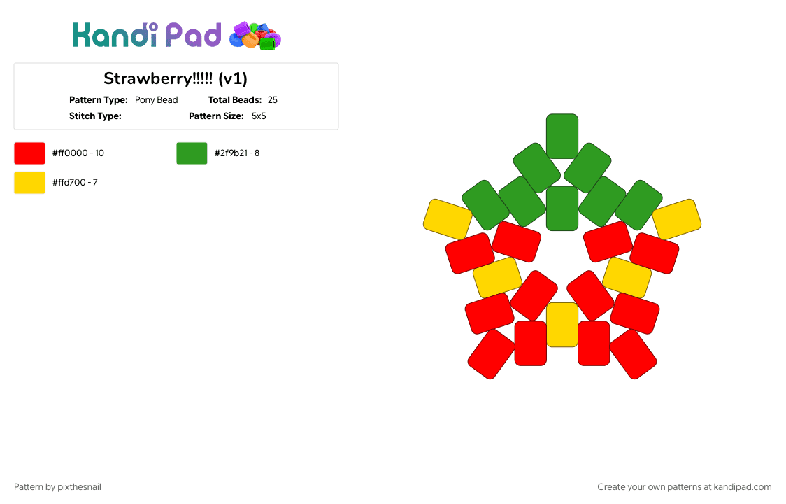 Strawberry!!!!! (v1) - Pony Bead Pattern by pixthesnail on Kandi Pad - cute, fruit, green, red, star, strawberry