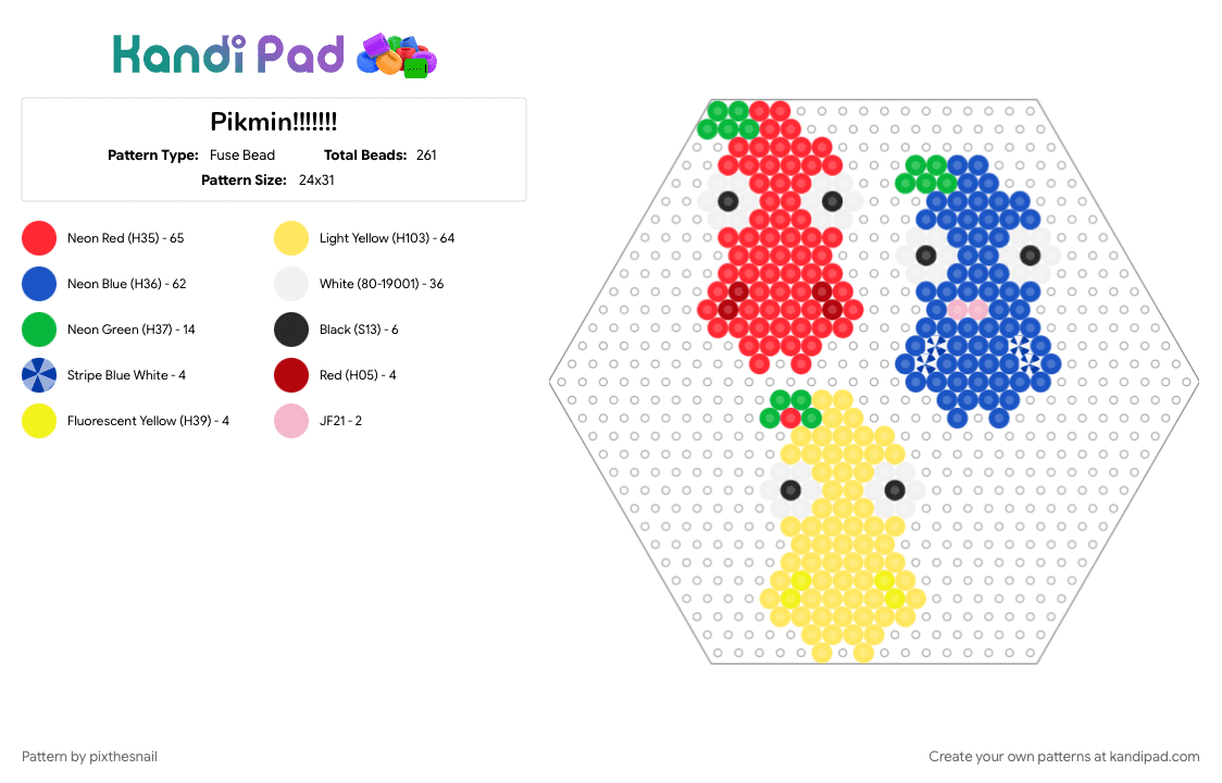 Pikmin!!!!!!! - Fuse Bead Pattern by pixthesnail on Kandi Pad - blue, character, cute, nintendo, olimars employees, pikmin, red, yellow
