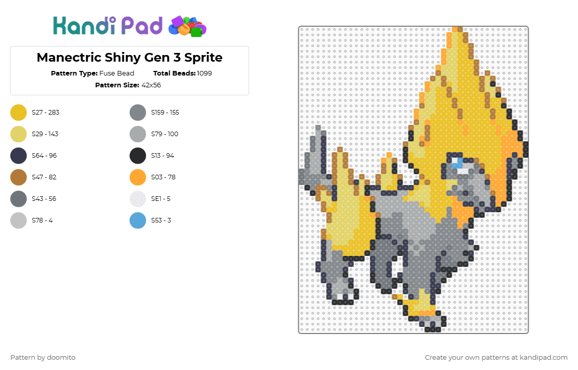 Manectric Shiny Gen 3 Sprite - Fuse Bead Pattern by doomito on Kandi Pad - yellow,gray,pokemon,manectric,shiny,evolution
