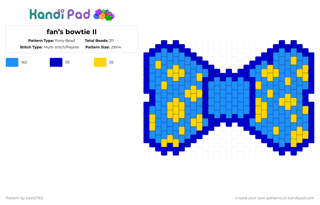 fan’s bowtie II - Pony Bead Pattern by stuck1nthemoon on Kandi Pad - light blue,fan,ii,inanimate insanity,osc,bowtie,charm,blue,yellow