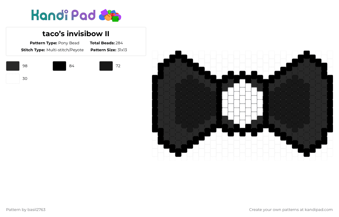 taco’s invisibow II - Pony Bead Pattern by stuck1nthemoon on Kandi Pad - black,inanimate insanity,ii,osc,taco,bow,charm