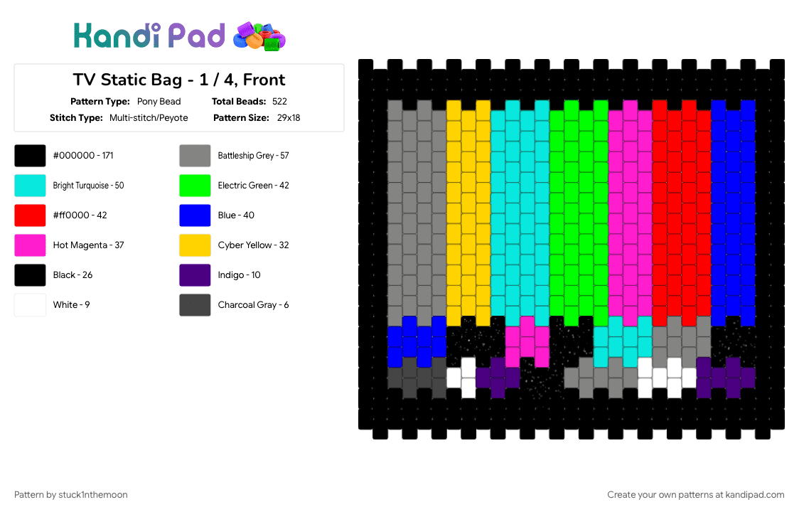 TV Static Purse / Panel - 1 / 2, Front - Pony Bead Pattern by stuck1nthemoon on Kandi Pad - bag, colorful, hatsune miku, light blue, miku, pink, purple, purse, static, static miku, tv, tv static