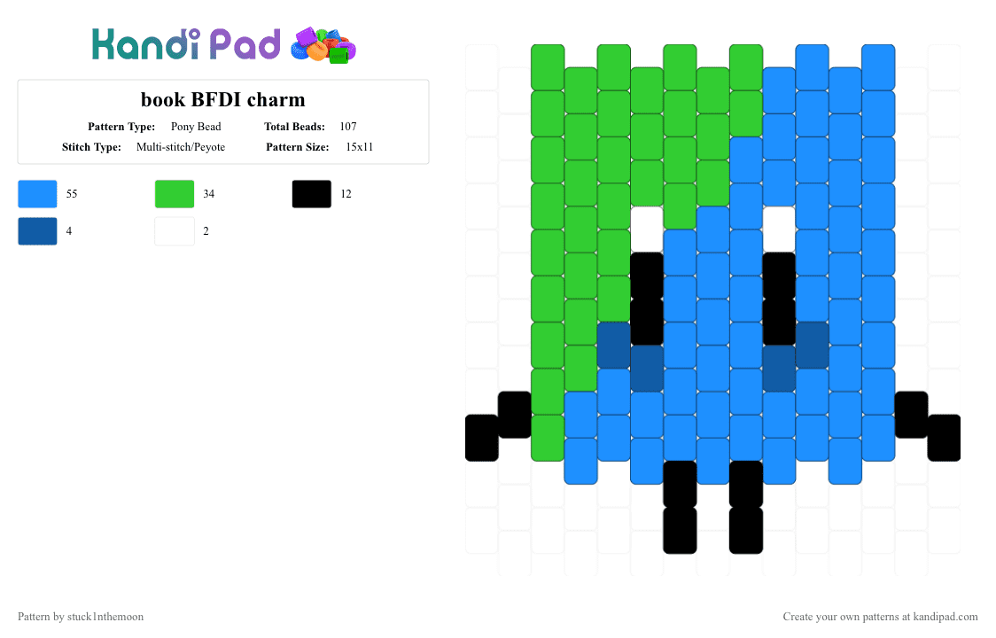 book BFDI charm - Pony Bead Pattern by stuck1nthemoon on Kandi Pad - bfb, bfdi, bfdia, book, charm, cotdbookfair, green, idfb, light blue, tpot