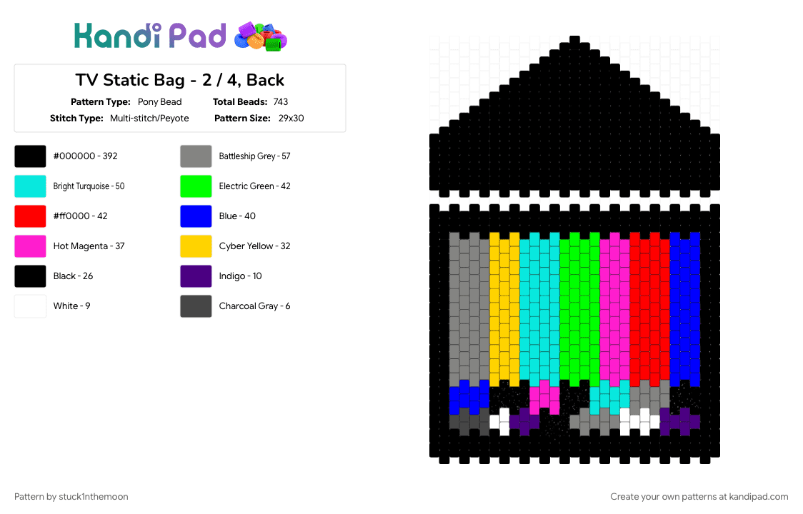 TV Static Purse - 2 / 2, Back - Pony Bead Pattern by stuck1nthemoon on Kandi Pad - bag, black, colorful, hatsune miku, light blue, miku, pink, purple, purse, static, static miku, tv, tv static