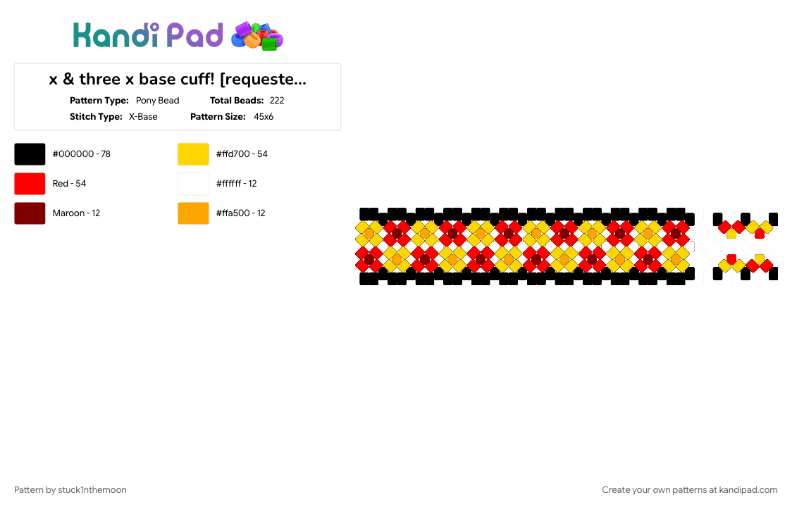 x & three x base cuff! [requested by @v3r0k4] - Pony Bead Pattern by stuck1nthemoon on Kandi Pad - algebralien, battle for dream island, bfdi, object show, osc, red, show, three, x, yellow