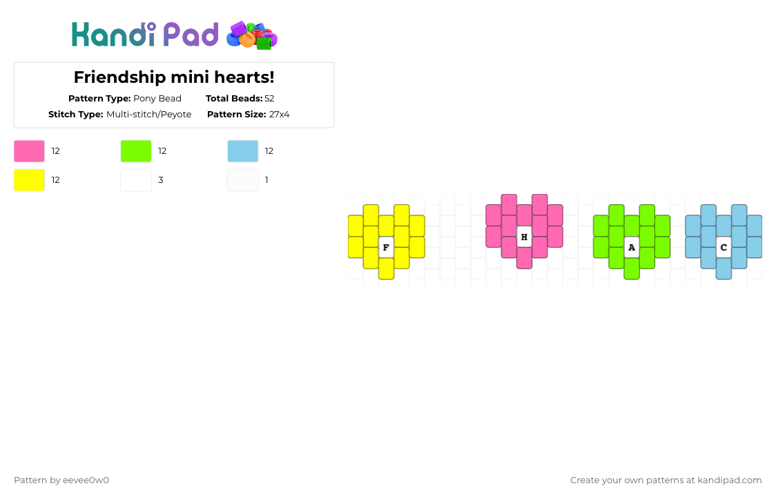 Friendship mini hearts! - Pony Bead Pattern by eevee0w0 on Kandi Pad - pink,green,light blue,yellow,heart,friend