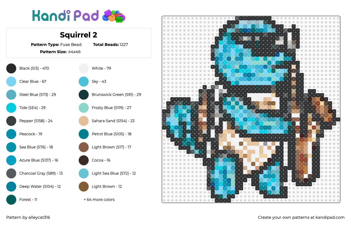 Squirrel 2 - Fuse Bead Pattern by alleycat316 on Kandi Pad - black,light blue,teal,beige,colorful