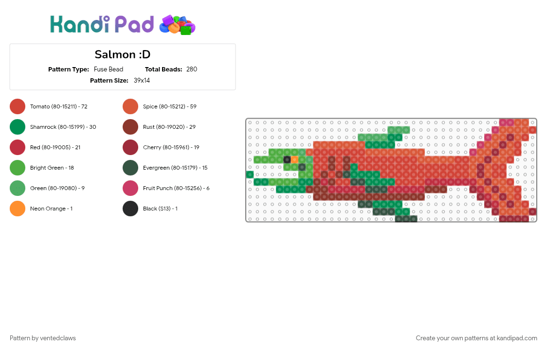 Salmon :D - Fuse Bead Pattern by ventedclaws on Kandi Pad - green, red