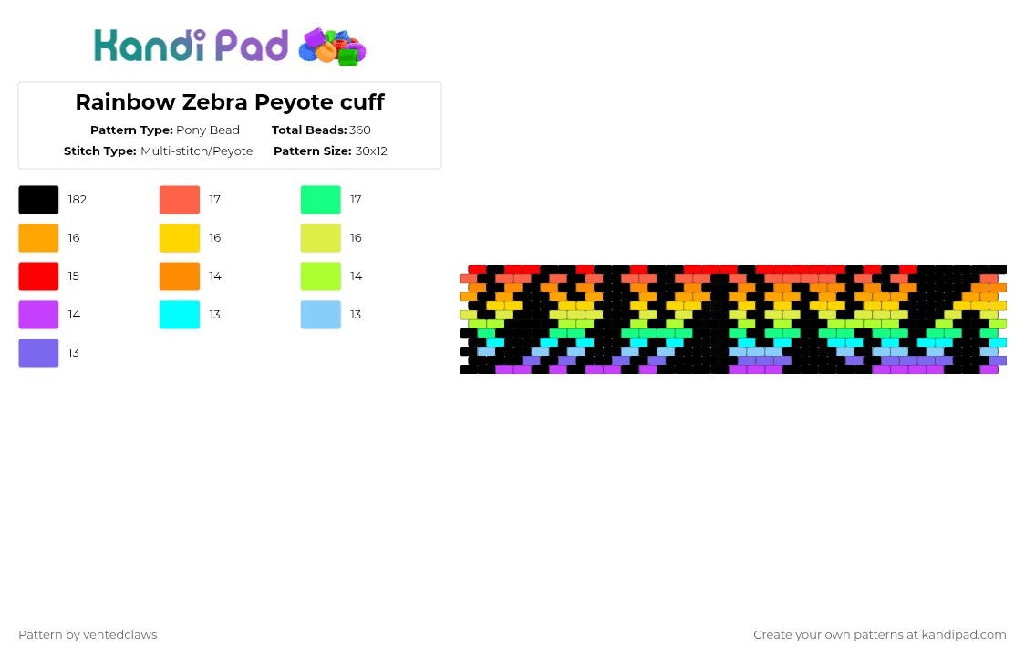 Rainbow Zebra Peyote cuff - Pony Bead Pattern by ventedclaws on Kandi Pad - black,orange,light blue,colorful