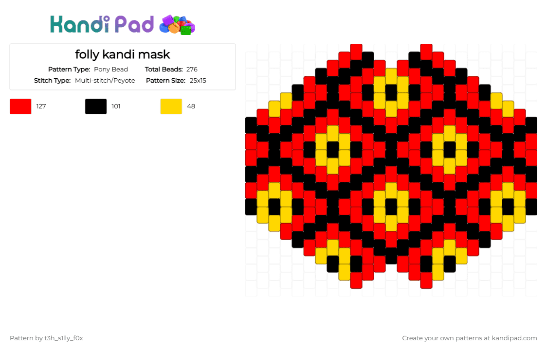 folly kandi mask - Pony Bead Pattern by t3h_s1lly_f0x on Kandi Pad - red,yellow