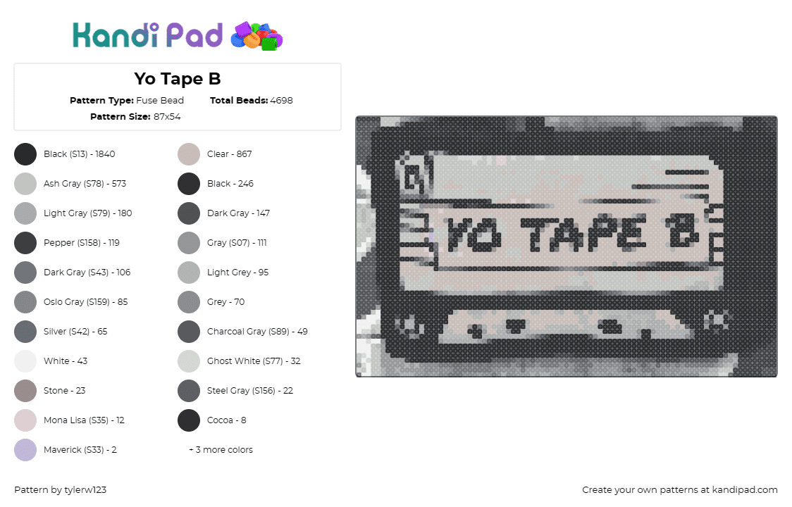 Yo Tape B - Fuse Bead Pattern by tylerw123 on Kandi Pad - cassette,mix 1,tape b,dj,music,edm,classic,retro,black,white