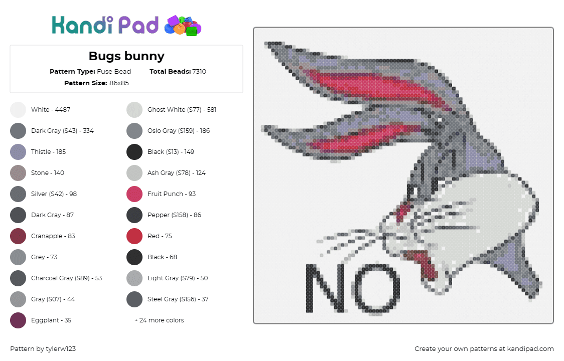 Bugs bunny - Fuse Bead Pattern by tylerw123 on Kandi Pad - bugs bunny,no,cartoon,character,classic,rabbit,looney tunes,text,gray