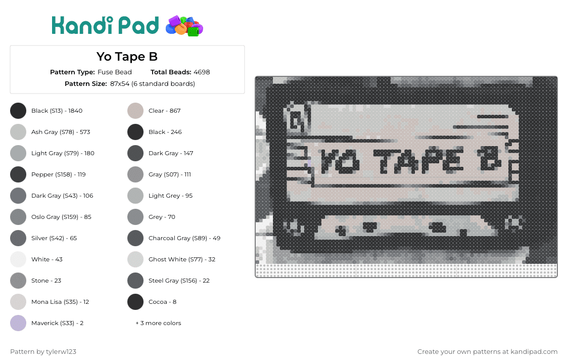 Yo Tape B - Fuse Bead Pattern by tylerw123 on Kandi Pad - tape b,cassette,dj,music,retro,nostalgia,mixtape,audio,vintage,black,grey