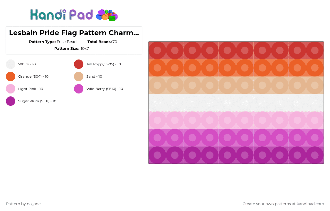 Lesbain Pride Flag Pattern Charm Kandi - Fuse Bead Pattern by no_one on Kandi Pad - pink,lesbain,gay,pride,love,wlm,yuri,charm,pattern