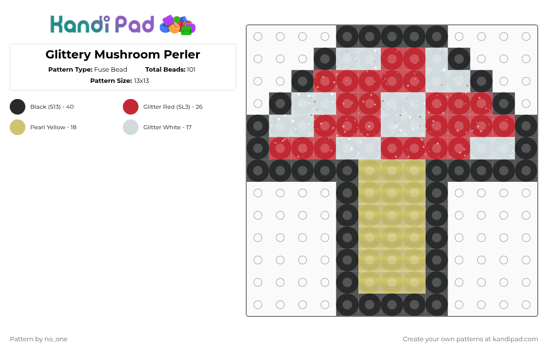 Glittery Mushroom Perler - Fuse Bead Pattern by no_one on Kandi Pad - red,yellow,perler,glitter,pearl,nature,fungi,plants,mushroom,cute