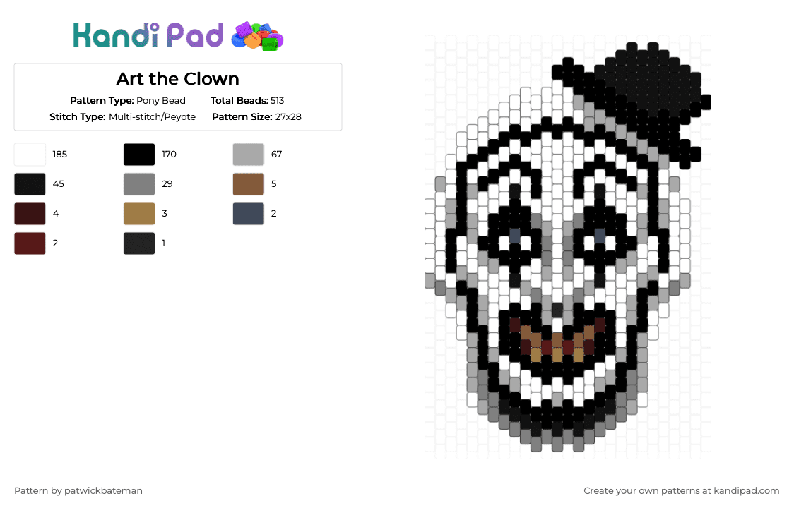 Art the Clown - Pony Bead Pattern by patwickbateman on Kandi Pad - white,beige,gray,horror,terrifier,black,character,movie,panel,head